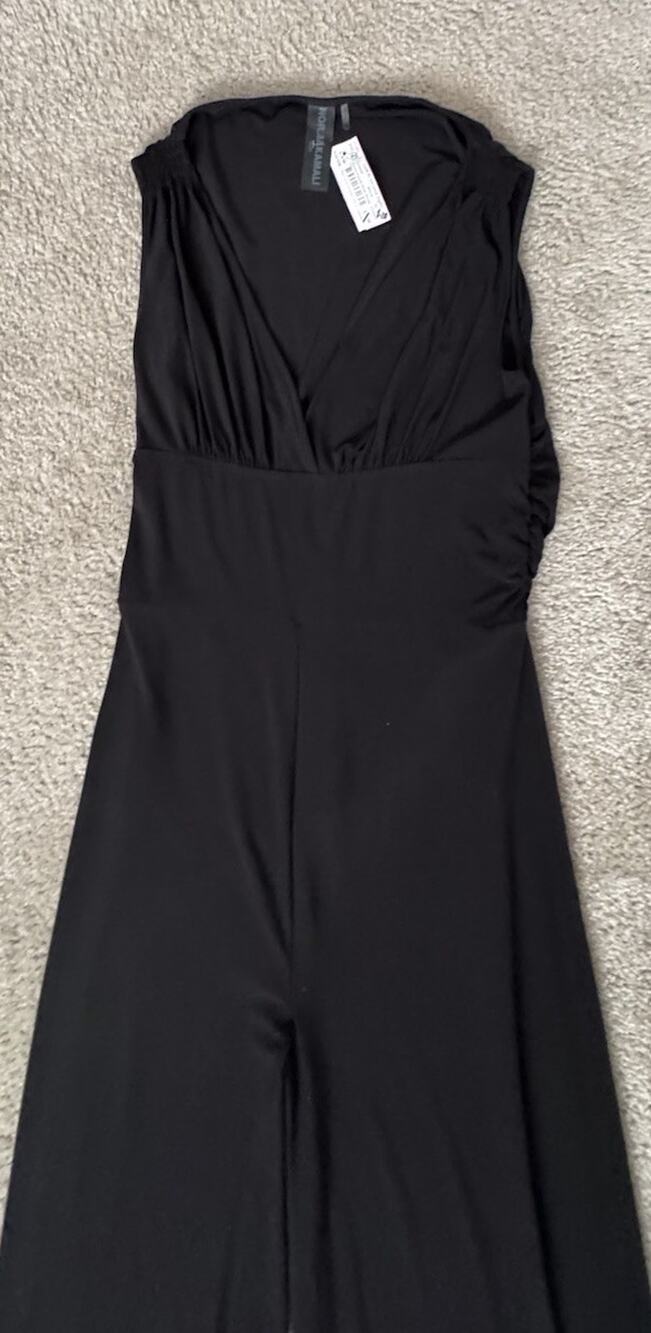 Norma Kamali Women Tall XL Black Wide Leg Jumpsuit Sleeveless Stretch V Neck NWT